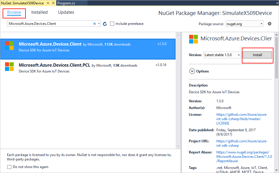 Add device SDK NuGet package in Visual Studio