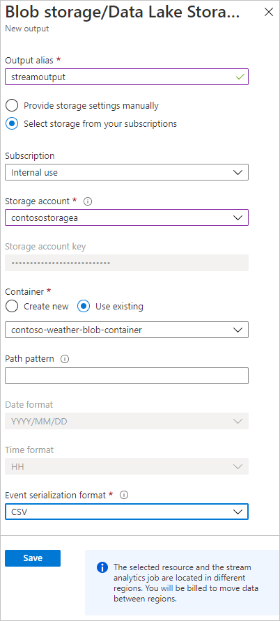 Add an output to the Stream Analytics job in Azure