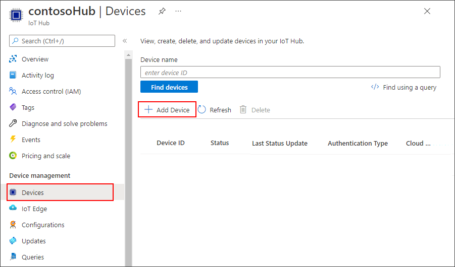 Screenshot that shows adding a new device in the Azure portal.