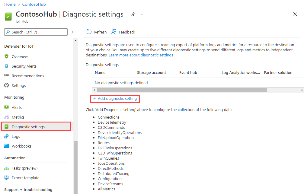 Screenshot that highlights Diagnostic settings in the Monitoring section.