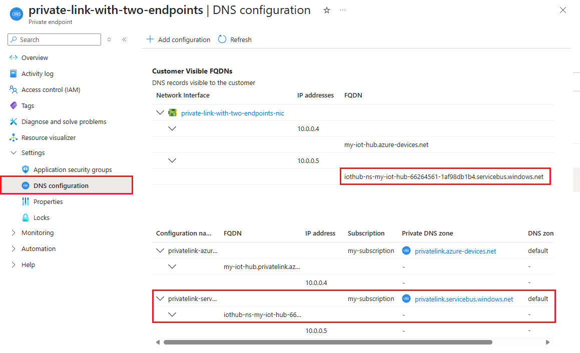 Screenshot showing two private endpoints given each IoT Hub private link