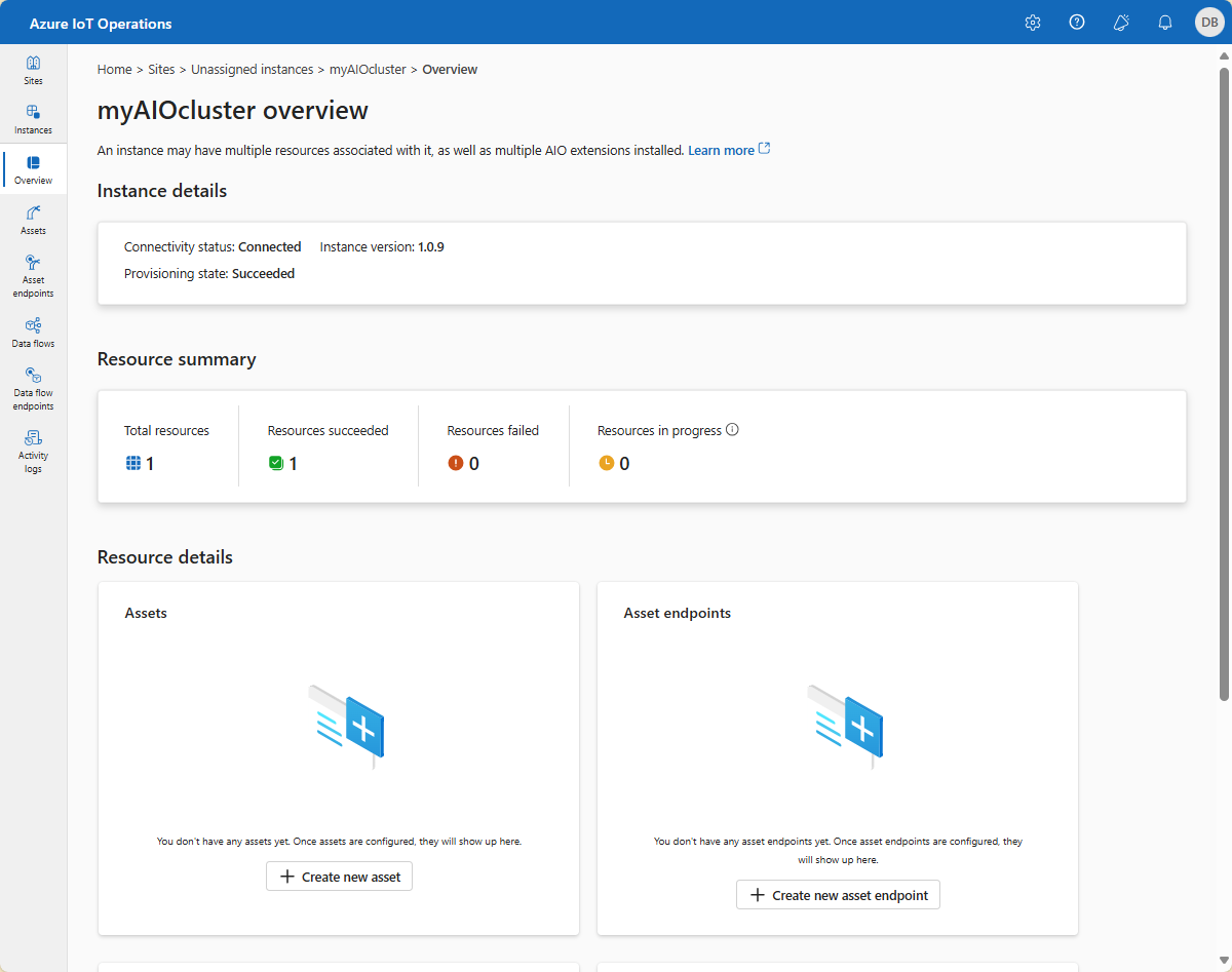 Screenshot that shows the instance overview in the operations experience.