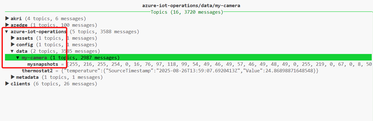 A screenshot that shows the published data in a topic called `azure-iot-operations/data/my-camera/mysnapshots`.