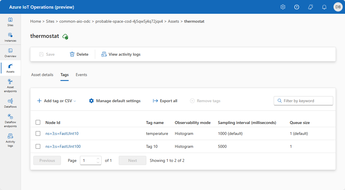 A screenshot that shows the thermostat asset in the operations experience.