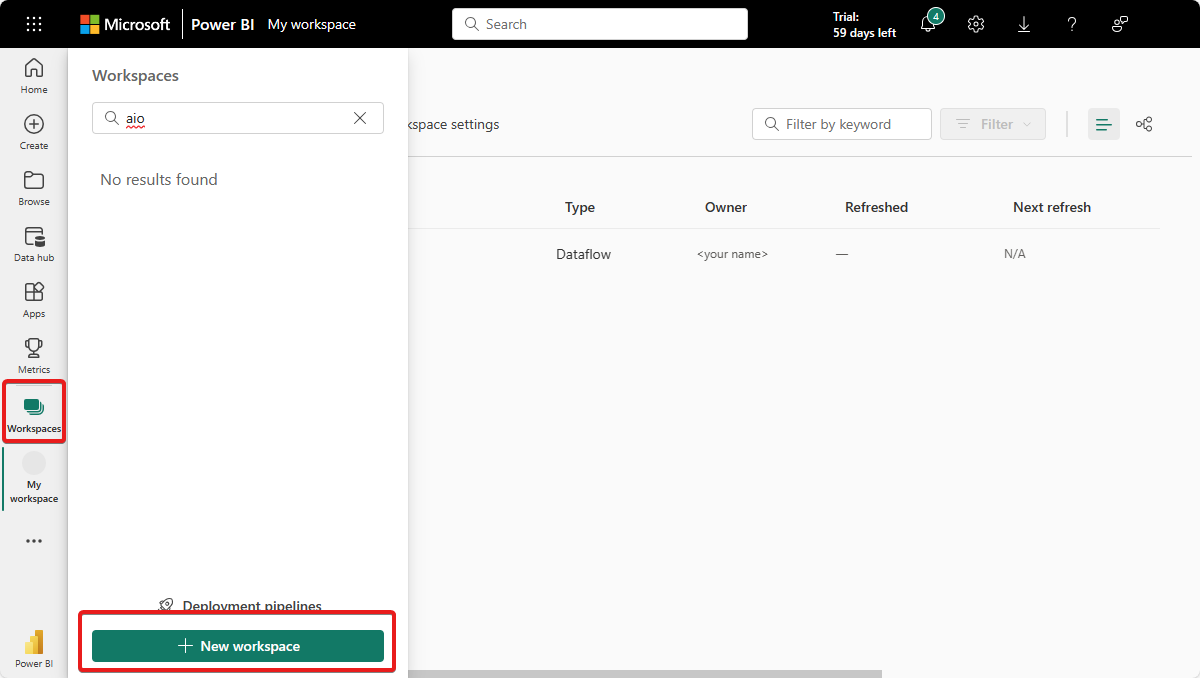 Screenshot that shows how to create a new Microsoft Fabric workspace.