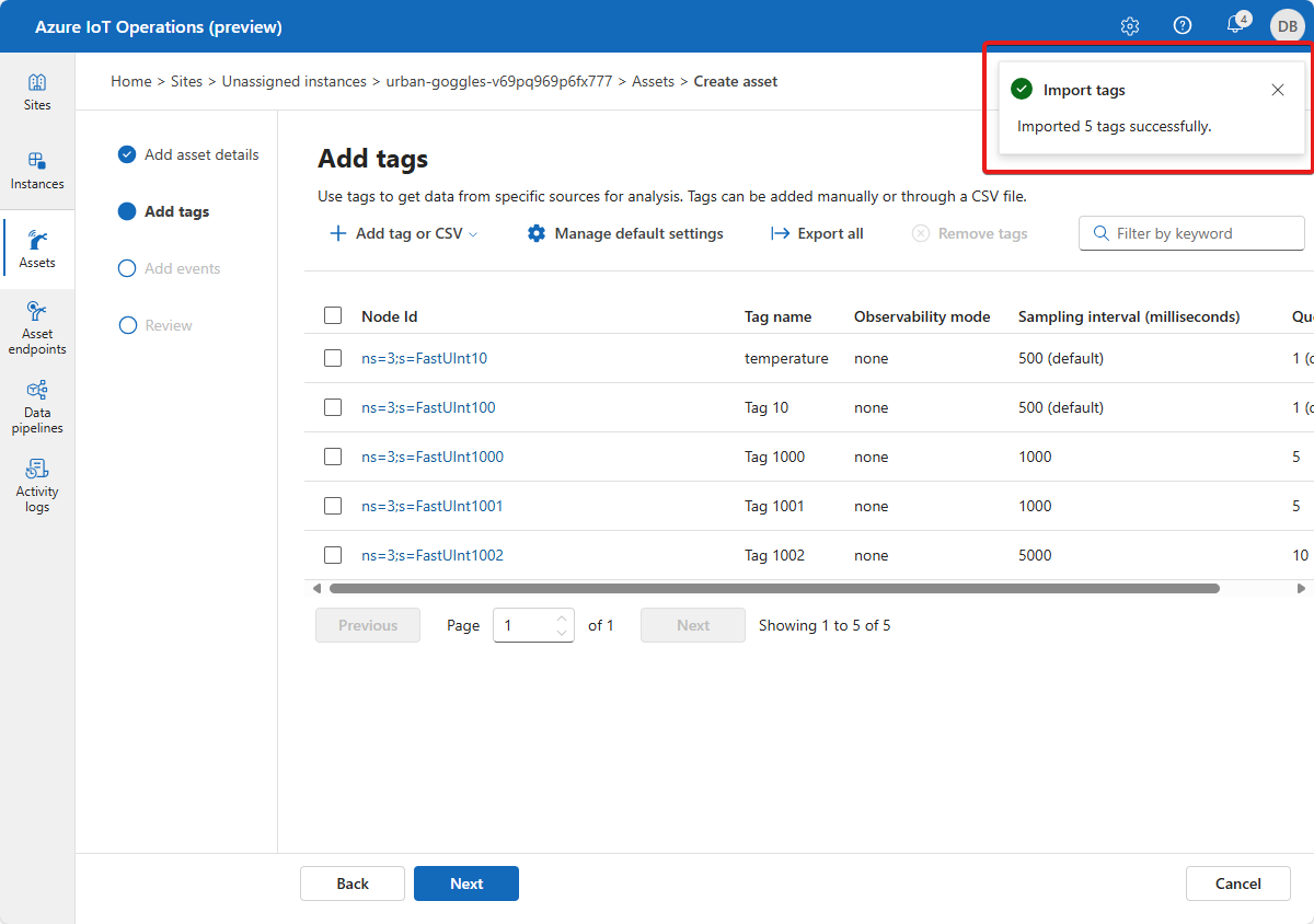 A screenshot that shows the completed import from the Excel file in the Azure IoT Operations (preview) portal.