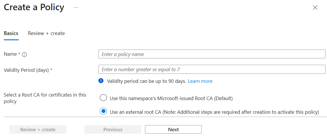 Screenshot showing the Create policy dialog.