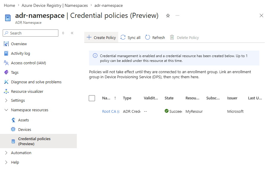 Screenshot showing the Credential policies pane.