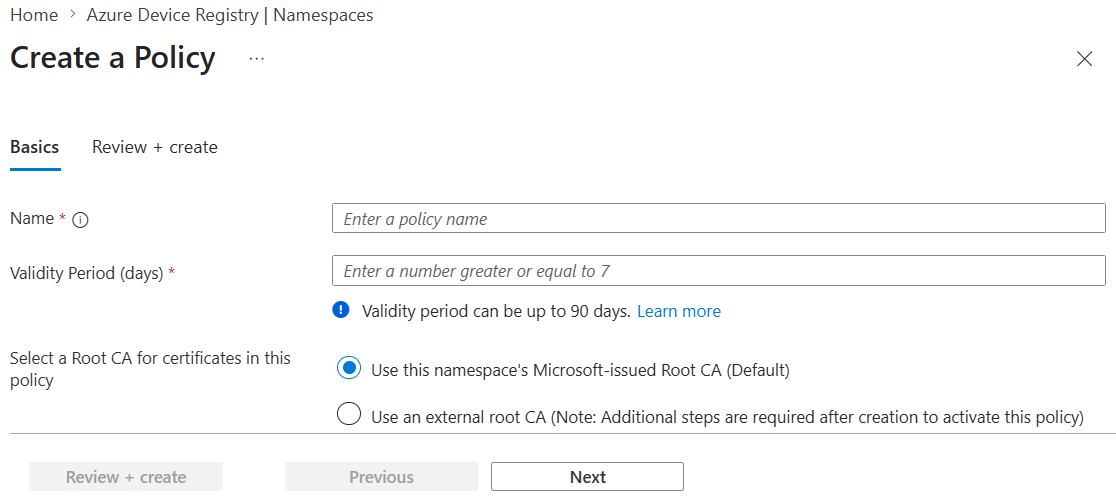 Screenshot showing the Create polcy dialog.