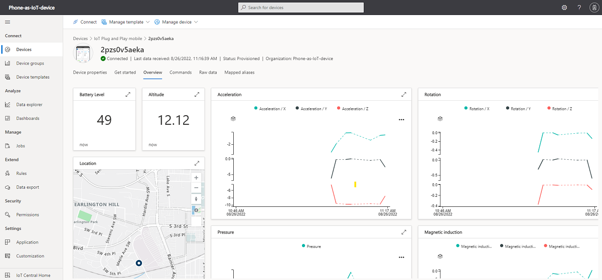 Screenshot of device telemetry in IoT Central.