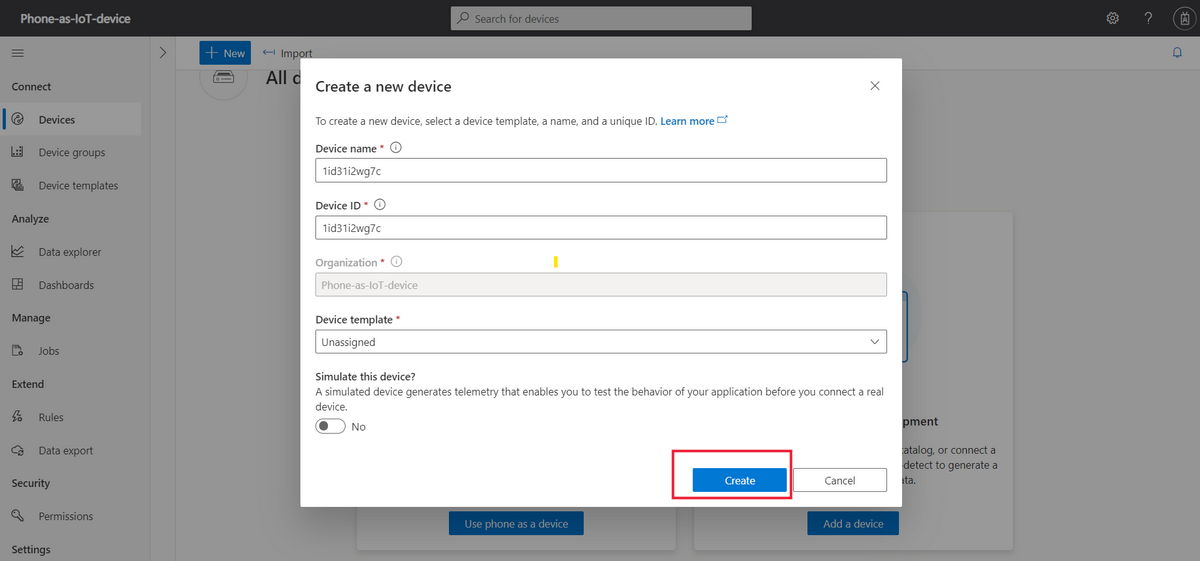 Screenshot showing how to create a device in IoT Central.