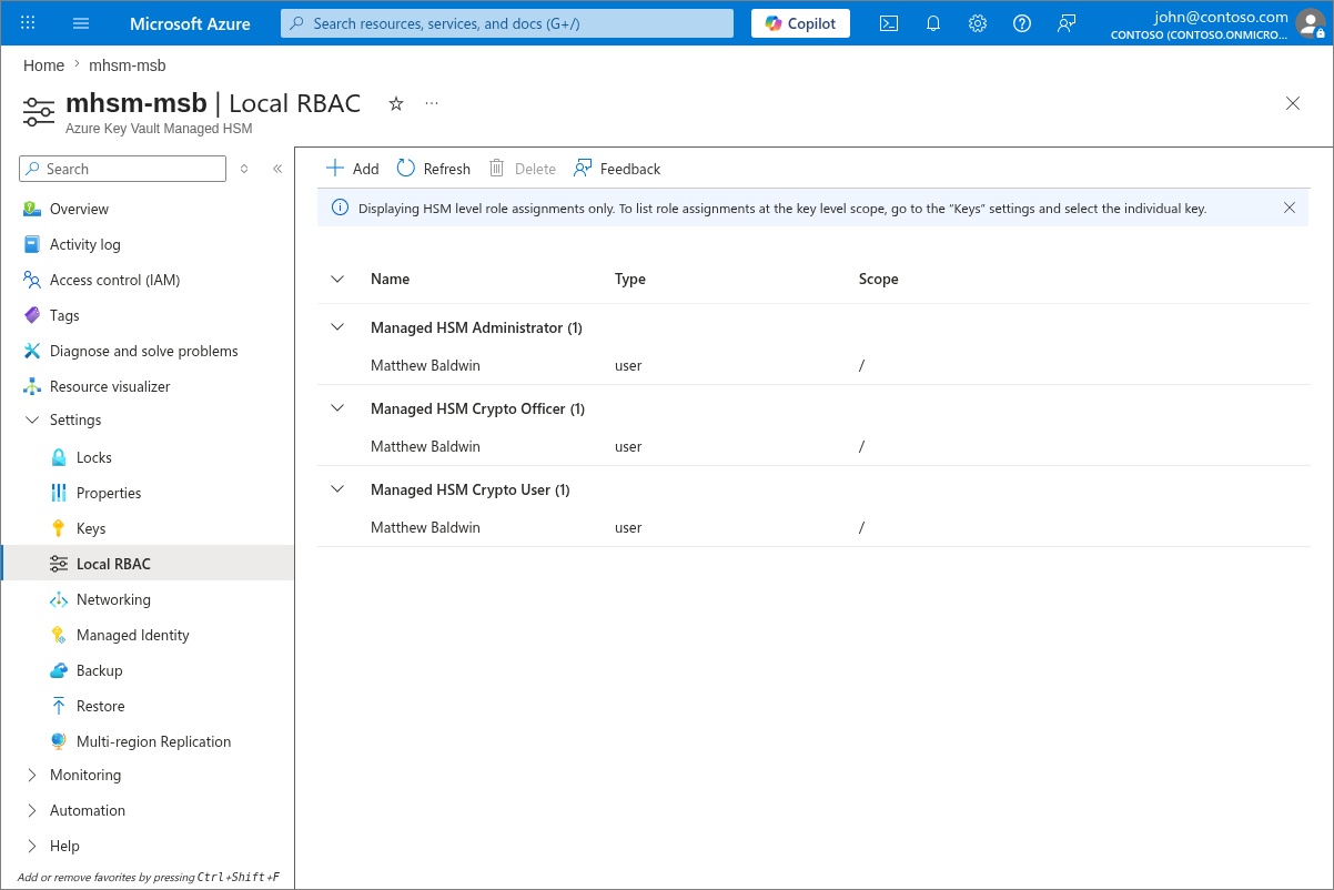Screenshot of the Local RBAC blade in the Azure portal for a Managed HSM.