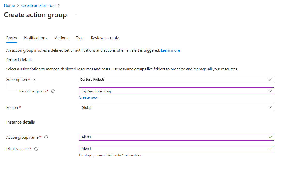 Screenshot that shows how to configure action group.