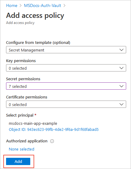 Adding the access policy with the security principal assigned