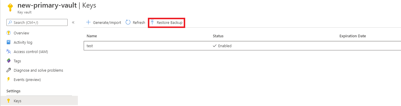 Screenshot showing where to select Restore Backup in a key vault.