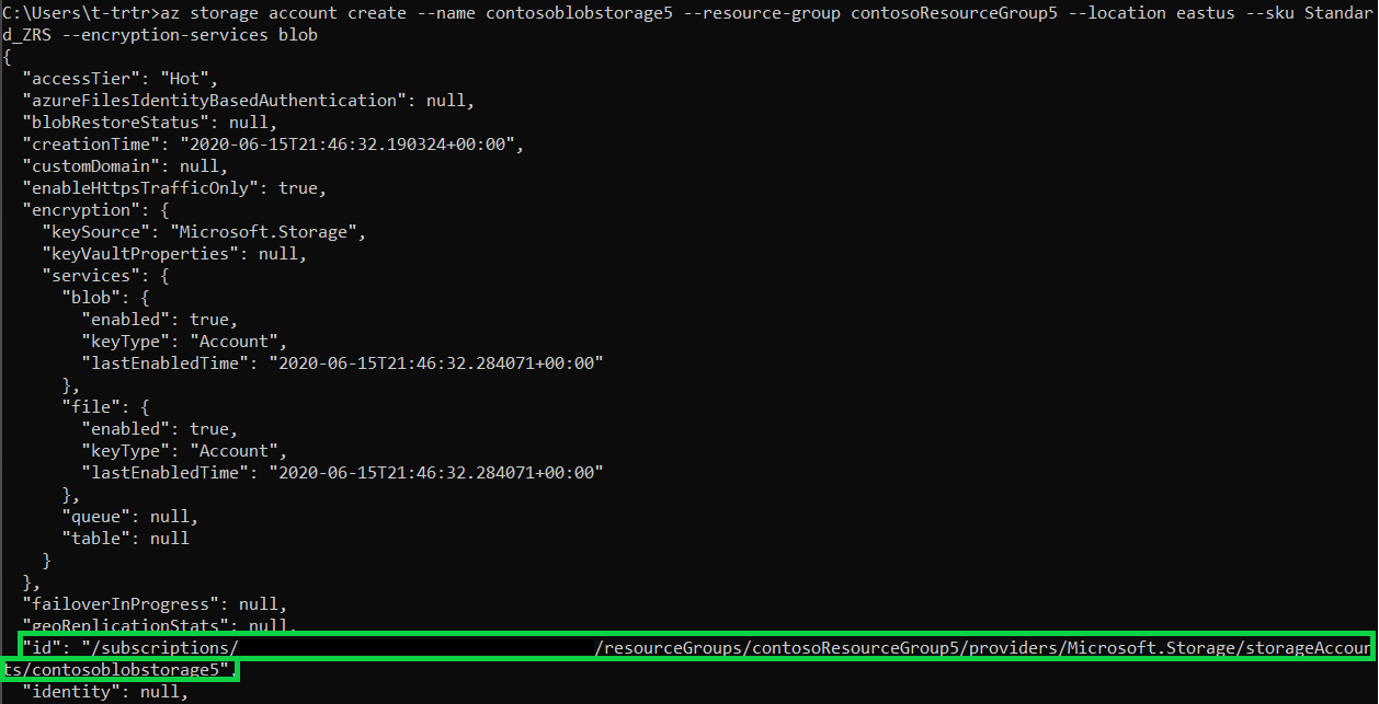 Console output of the above command. ID is highlighted in green for end-user to see.