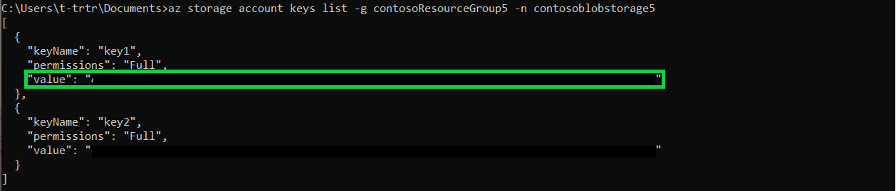 Console output of the above command. The value of key1 is highlighted in a green box.