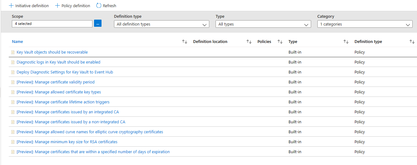 Screenshot that shows the policies that are available for Public Preview.