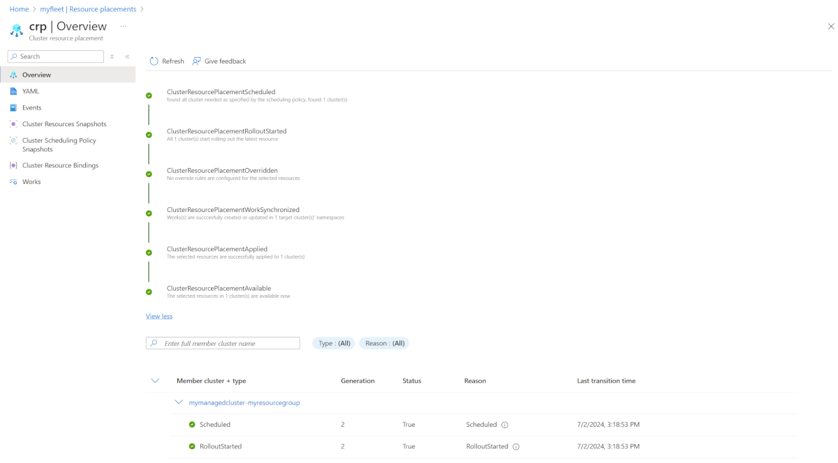 A screenshot of the Azure portal overview page for an individual cluster resource placement, showing events and details.