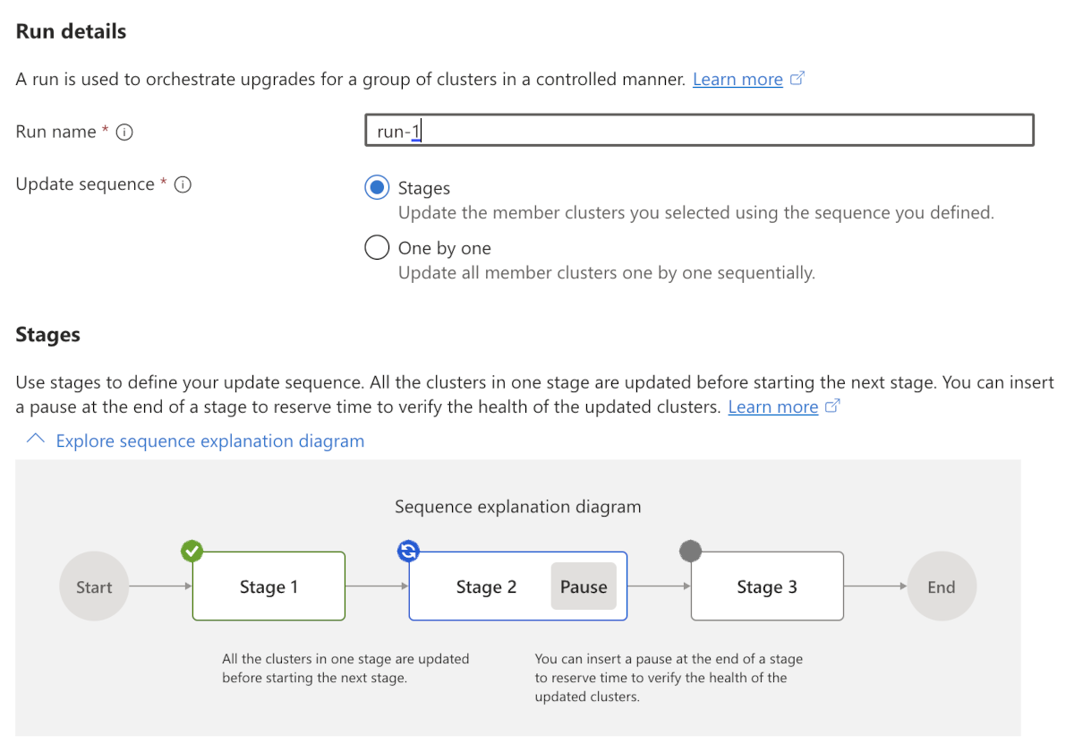 Screenshot of the Azure portal pane for creating update runs that update clusters one by one in Azure Kubernetes Fleet Manager.