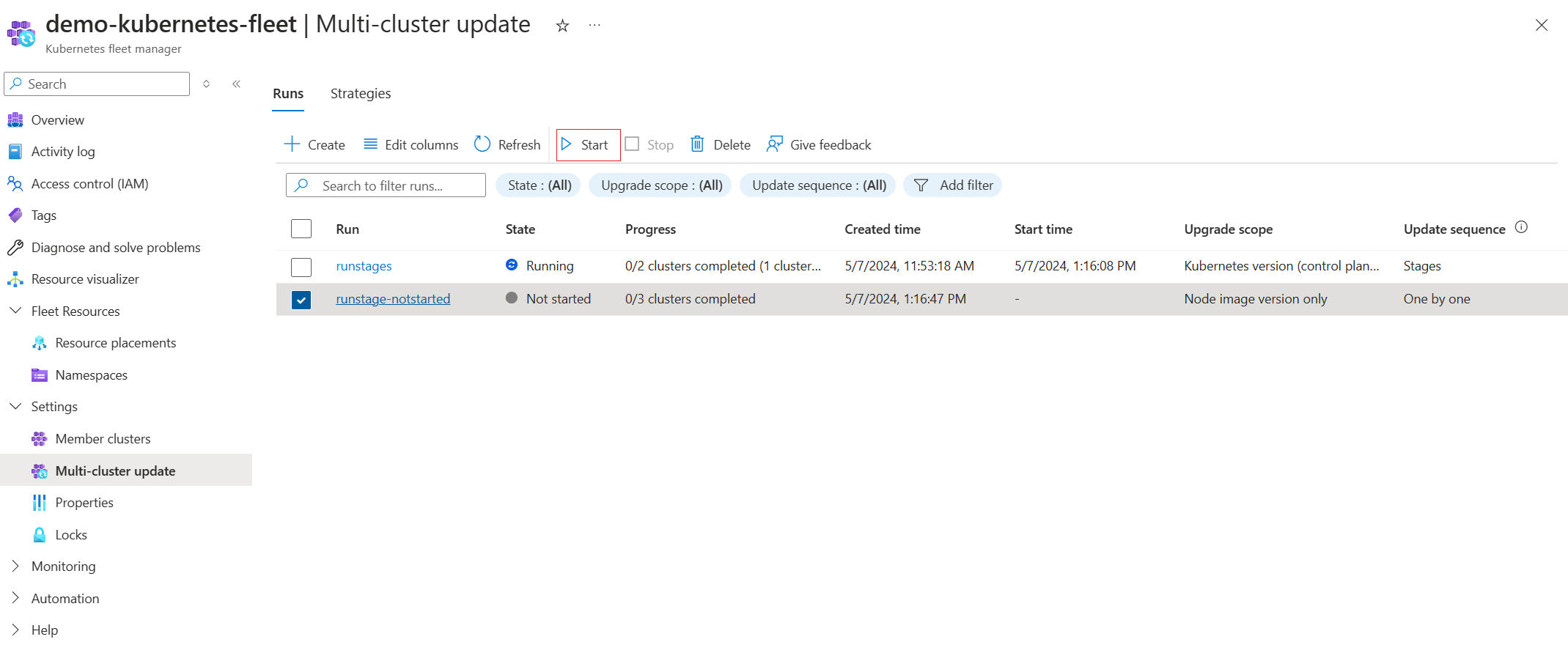 A screenshot of the Azure portal showing how to start an update run in the 'Not started' state.