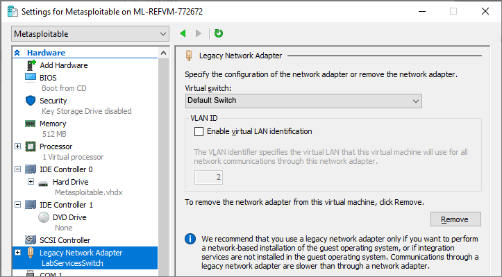 Screenshot of Legacy Network adapter settings page for Hyper V VM.