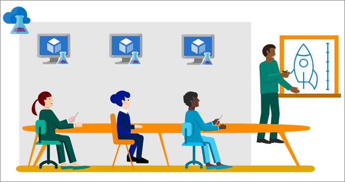 Conceptual artwork that shows a teacher and students in a classroom, using Azure Lab Services.