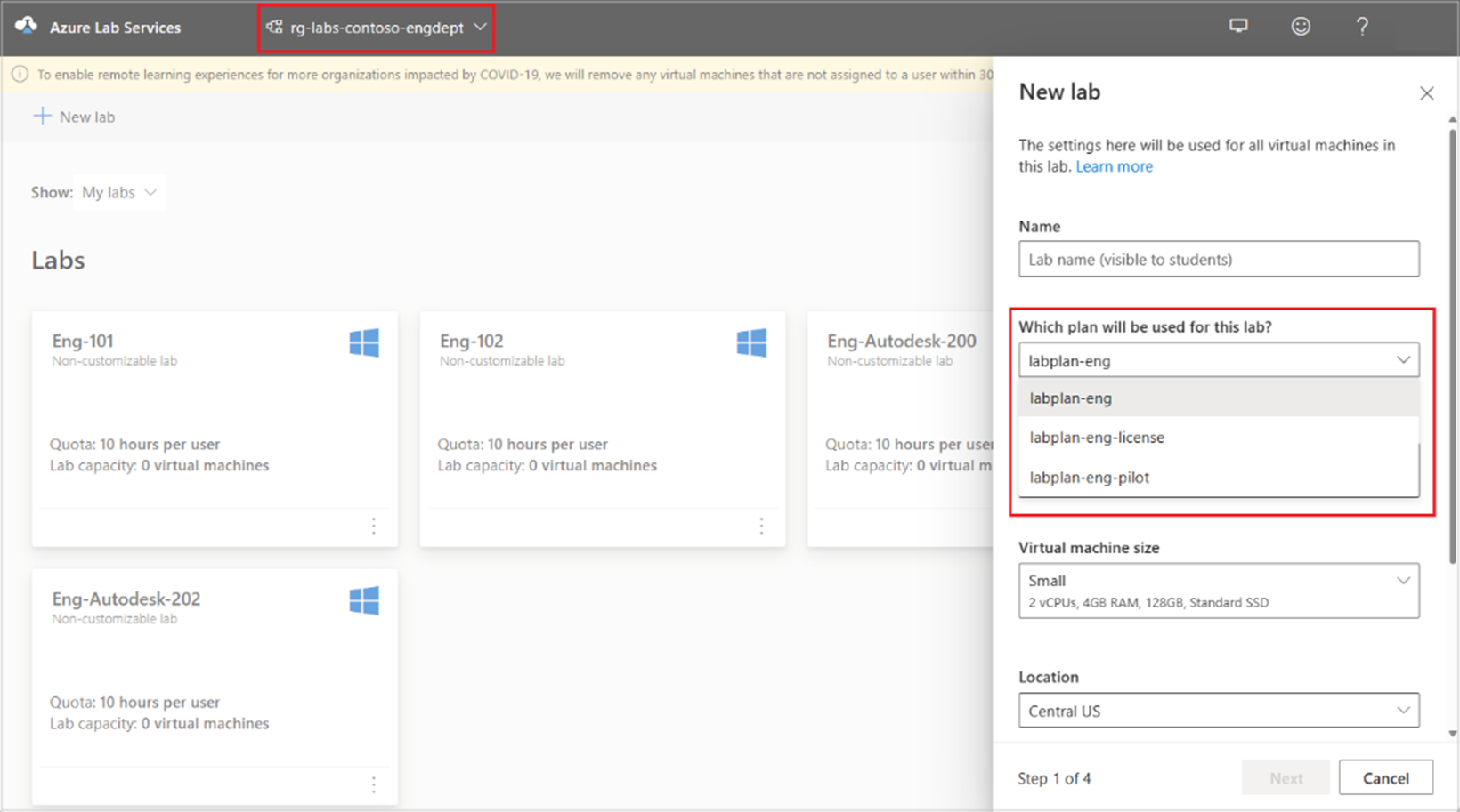 Screenshot that shows how to choose between lab plans when creating a lab in the Azure Lab Services website.