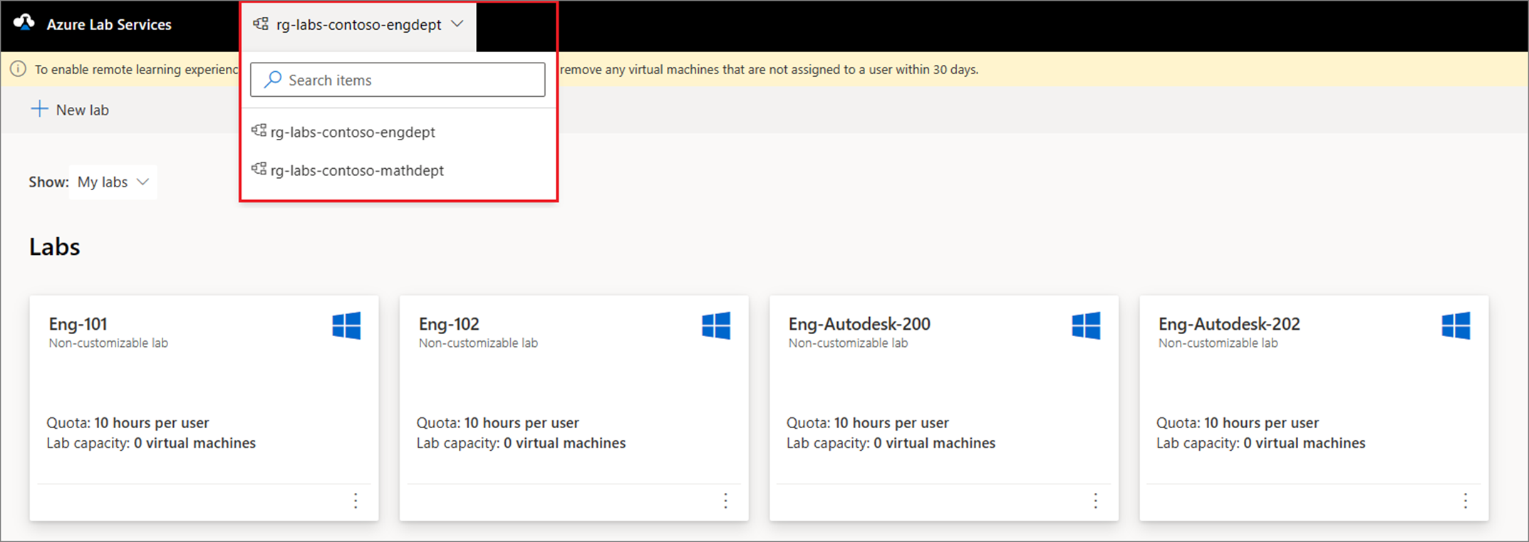 Screenshot that shows how to choose between resource groups in the Azure Lab Services website.