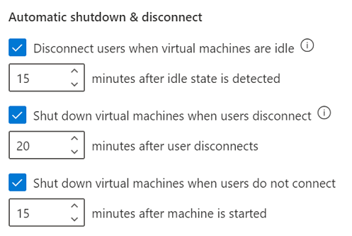 Screenshot that shows the three automatic shutdown settings.