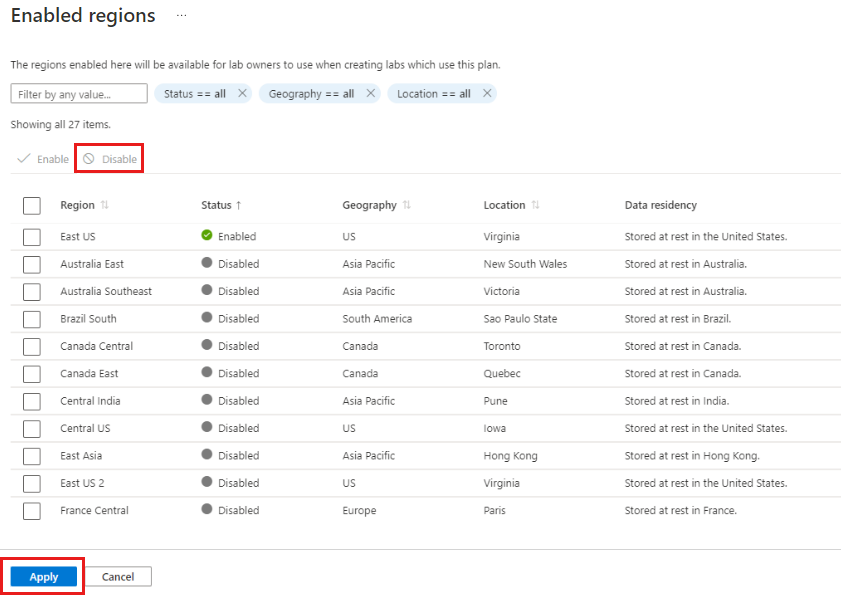 Screenshot that shows the Enabled regions page with Disable and Apply highlighted.