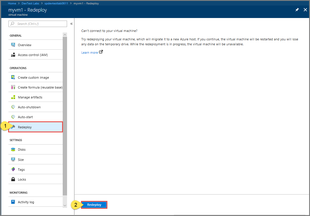 Screen capture shows the Virtual Machine page with Redeploy selected.