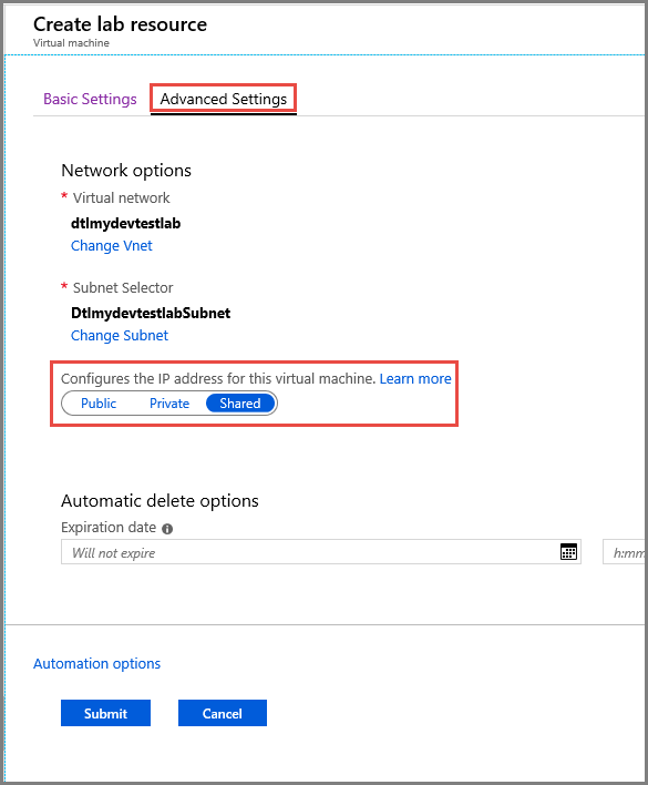 Screenshot that shows the Shared I P setting in Advanced Settings when creating a new V M.