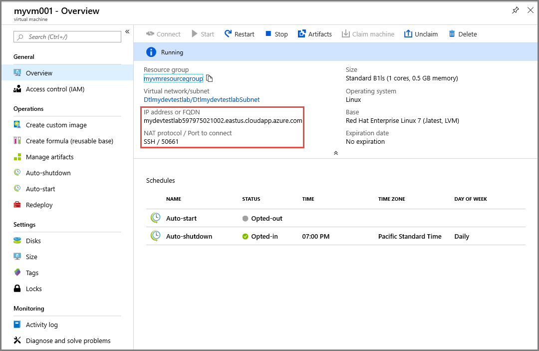 Screenshot that shows the R D P and S S H connection options on a VM Overview page.