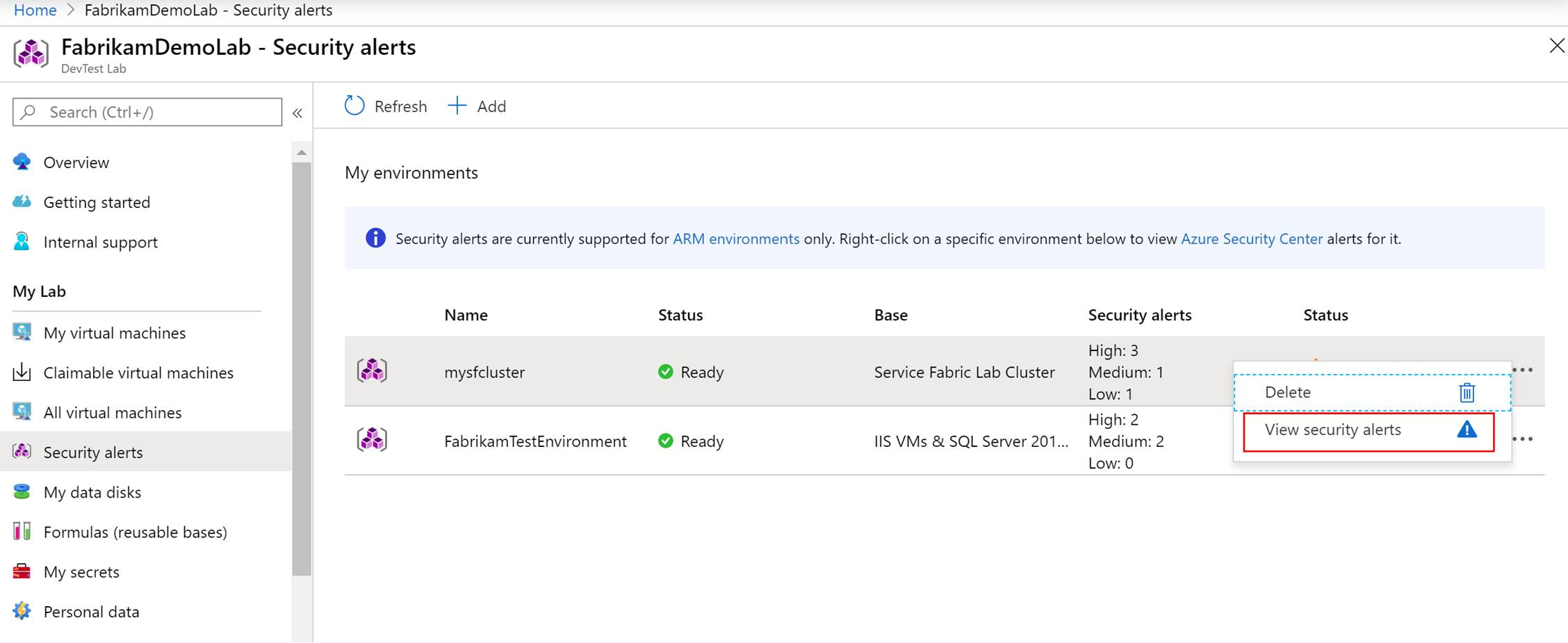 Screenshot that shows the Security alerts page with "View security alerts" selected.