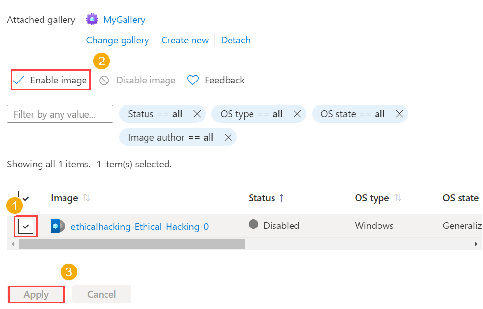 Screenshot that shows how to enable an image for an attached compute gallery.