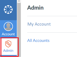 Screenshot that shows the Admin menu and accounts list in Canvas.