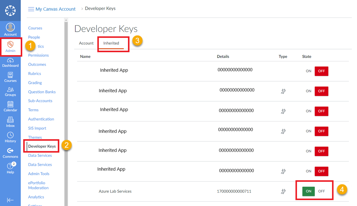 Screenshot that shows how to turn on the inherited Azure Lab Services app in the Canvas Admin settings.