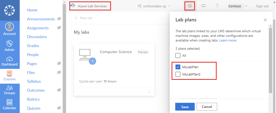 Screenshot that shows the list of lab plans that can be linked to Canvas.