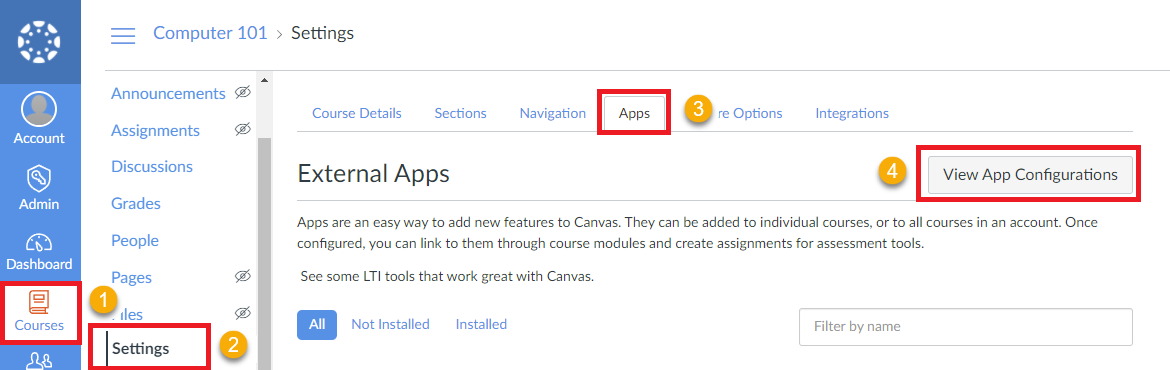 Screenshot that shows the App tab of the settings page for a course in Canvas.