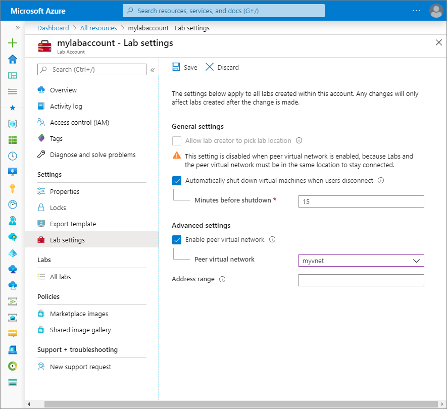 Screenshot that shows the lab settings page for a lab account in the Azure portal, highlighting the enable peer virtual network option.