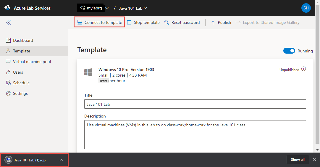 Screenshot that shows the Template page in the Lab Service portal, highlighting the Connect to template button.