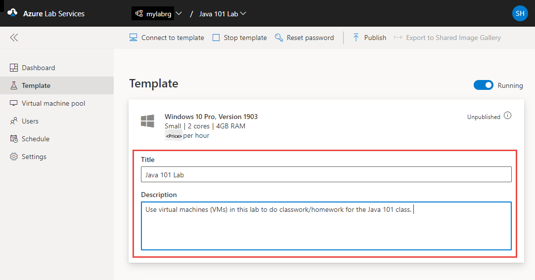 Screenshot that shows the Template page in the Lab Services portal, allowing users to edit the template title and description.