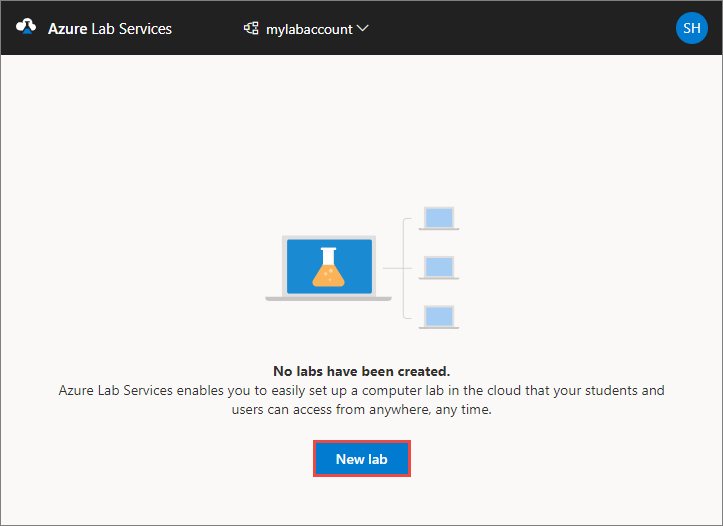 Screenshot that shows how the Azure Lab Services website, highlighting the New lab button.
