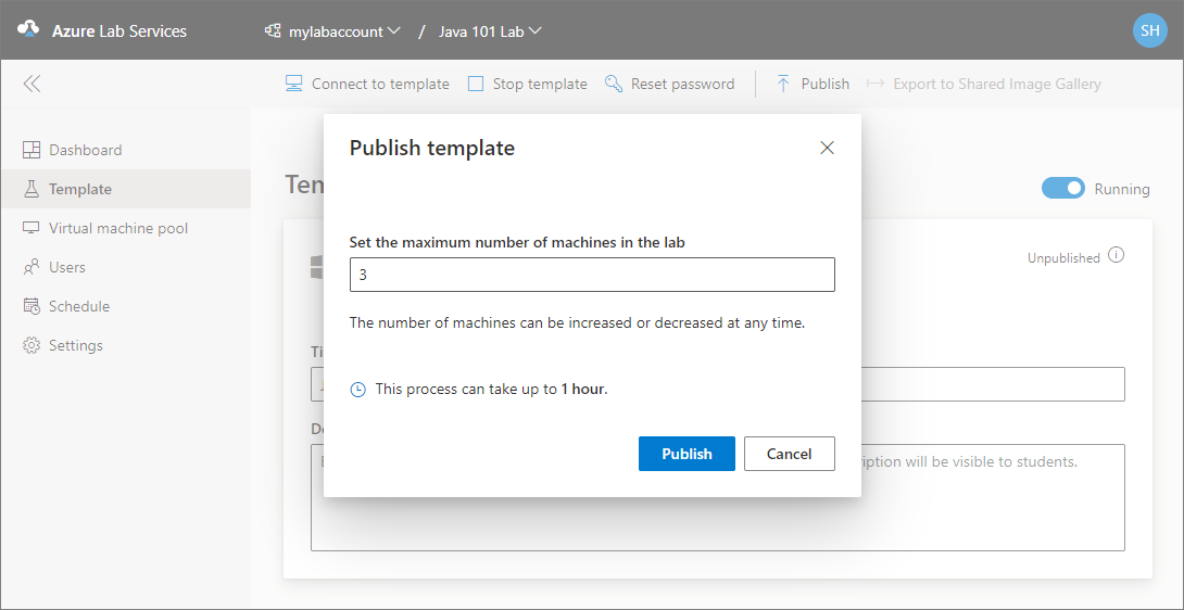 Screenshot of the Publish template window, requesting the number of VMs for the lab.