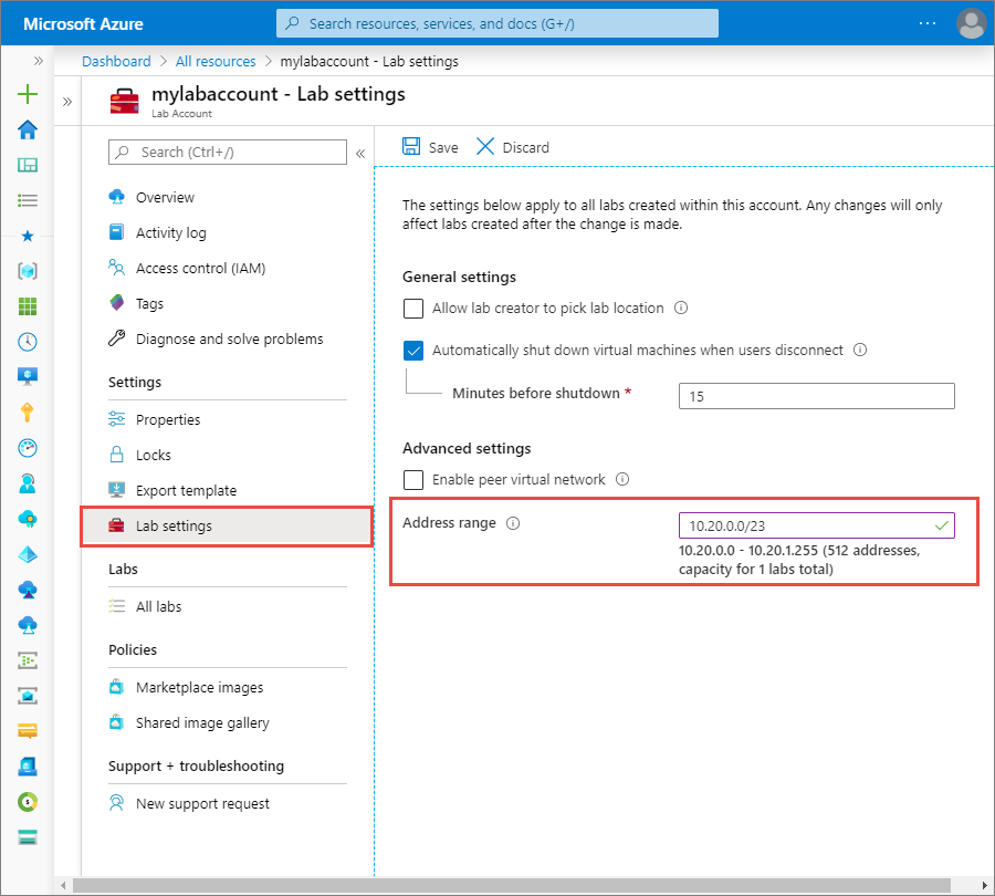 Screenshot that shows the lab settings page for a lab account in the Azure portal, highlighting the option to configure an address range.