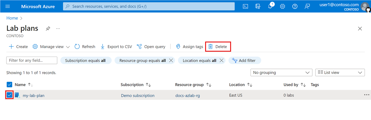 Screenshot that shows how to delete a lab plan in the Azure portal.