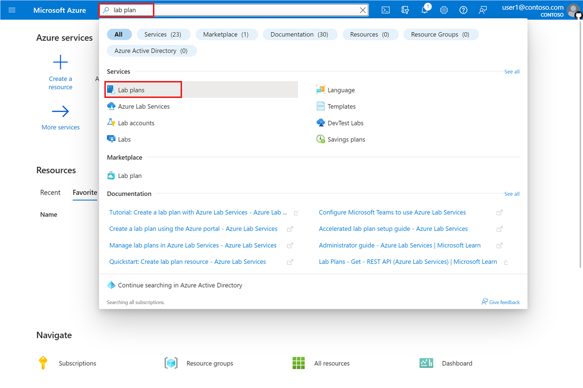 Screenshot that shows how to search lab plan resources in the Azure portal.