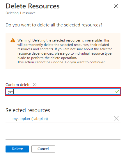 Screenshot that shows the delete lab plan confirmation page in the Azure portal.
