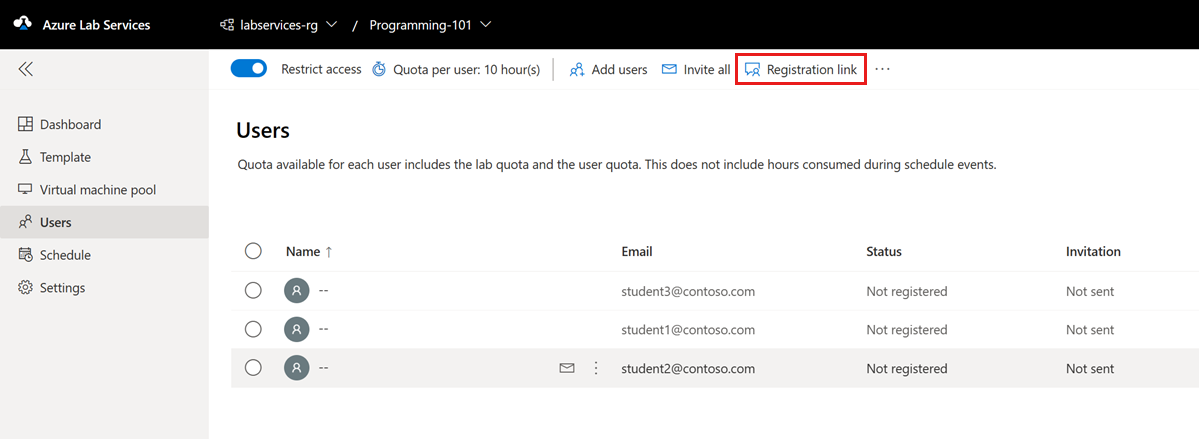 Screenshot that shows how to get the lab registration link in the Azure Lab Services website.